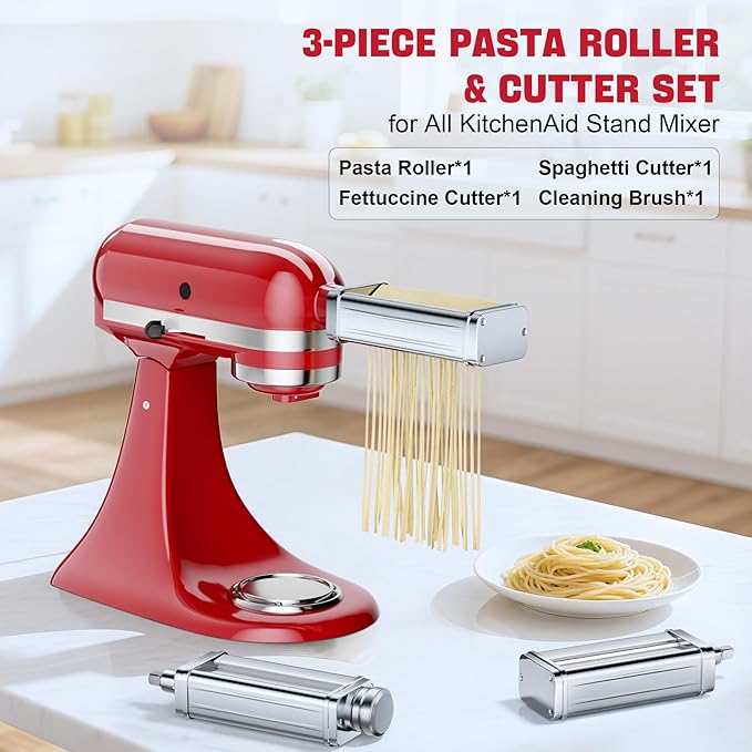 Pasta Maker Attachments Set for all KitchenAid Stand Mixer, including Pasta Sheet Roller, Spaghetti Cutter, Fettuccine Cutter, KSMPRA 3-Piece Pasta Roller & Cutter Set