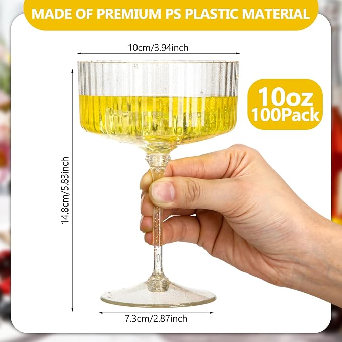 Jingmore Ribbed Martini Glasses 10 oz Disposable Plastic Vintage Ribbed Coupe Glasses with Gold Rim Cocktail Unbreakable Dessert Parfait Glassware for Wedding Party Supplies(Clear,100 Pcs)