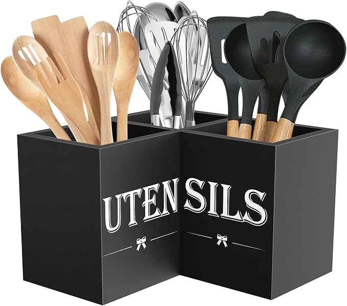 Suli Extra Large Kitchen Utensils Holder with 3 Compartments,Corner Utensil Caddy for Countertop,Wooden Utensil Organizer for Kitchen Countertop, Farmhouse Decor- Black