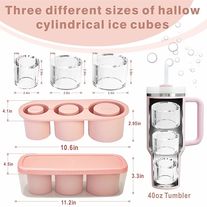 1pc Tumbler Ice Tray for Stanley/Yeti/Simple Modern etc. 40oz Tumblers, Silicone Ice Cube Tray for Tumblers with Bin and Lid, Pink