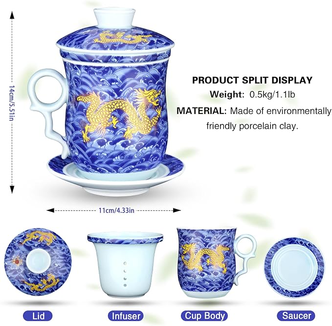 Tea Cup with Infuser Lid and Saucer Sets - Jingdezhen Ceramics Mug Chinese Porcelain Teacup Loose Leaf Tea Brewing System for Home Office Personal Portable Mug TC400 - Blue, 13.5oz / 400ml