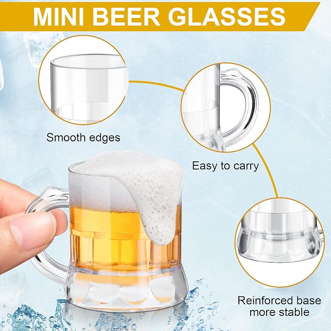 Yinder 50 Pieces 2 oz Mini Beer Mug,Plastic Mini Shot Glasses, Heavy Base Clear Reusable Beer Stein Tasting Glasses,Small Plastic Shot Cups for Party Drink, Whiskey, Tequila, Vodka