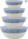 100% Pure Linen Bowl Covers For Bread Proofing, 4 Pcs Elastic Reusable Bowl Covers Large Ticking Striped Cloth Fabric Stretch Sourdough Lids, 6 * 8 * 10 * 12 Inches- Navy Blue