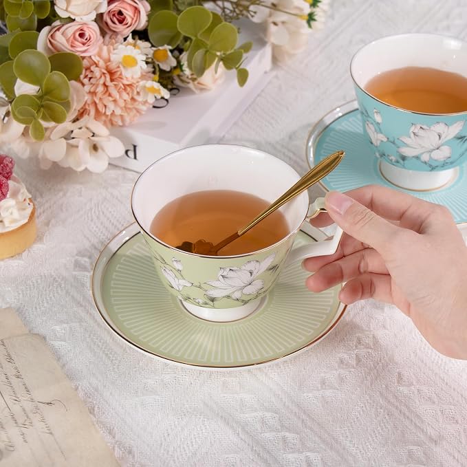 KAMMAK Ceramic Coffee Cups Saucers Set of 2, Porcelain Espresso Cups with Saucers, 8.12 oz Handcrafted Elegant Bone China Tea Cups, Blue & Sage Green Flower Teacup for Party, Office, Women Gift