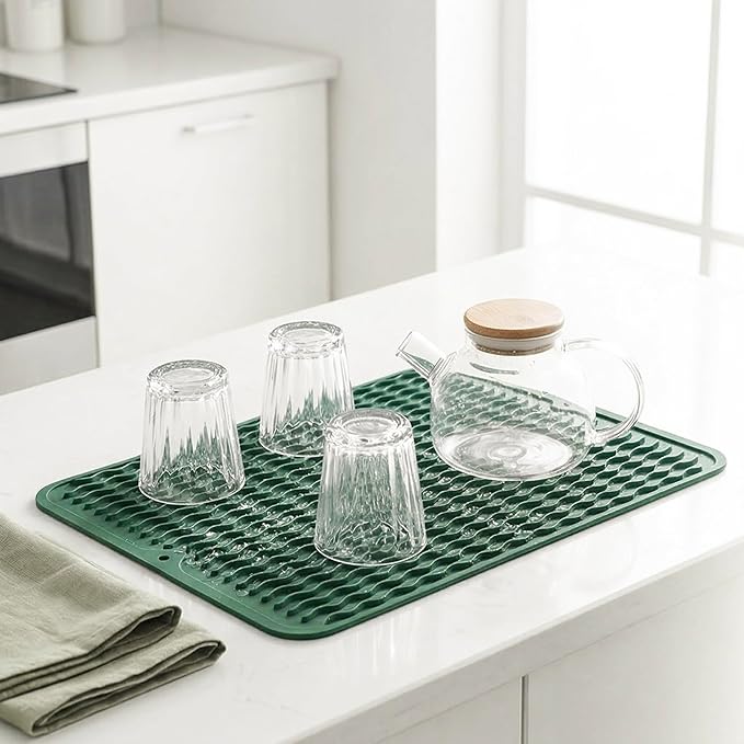 MicoYang Silicone Dish Drying Mat for Multiple Usage,Easy clean,Eco-friendly,Heat-resistant Silicone Mat for Kitchen Counter or Sink,Refrigerator or drawer liner Green L 16 inches x 12 inches