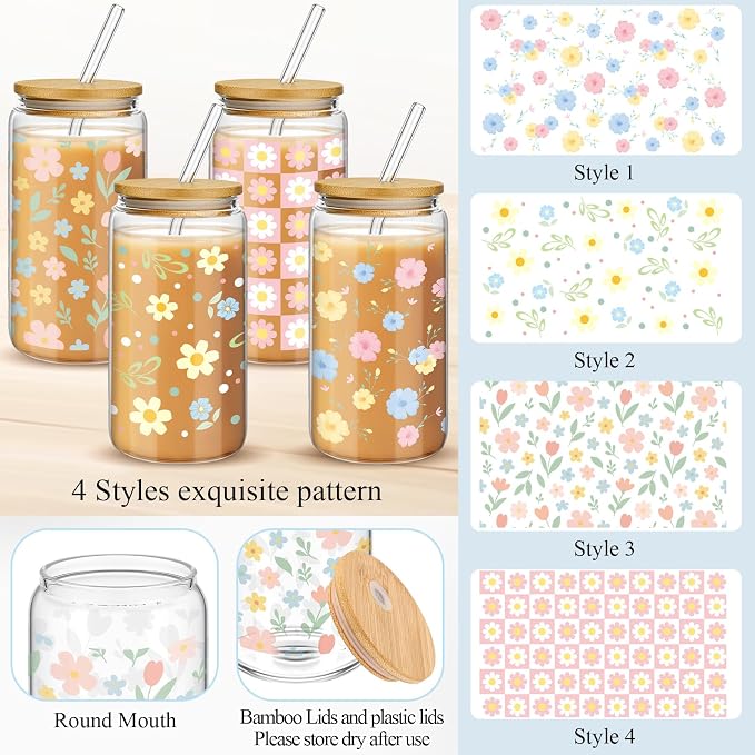 Mumufy 4 Pack Wildflower Glass Cups Gift Aesthetic Cute Glass Cup Tumbler Flower Iced Coffee Mugs 16 oz with Bamboo Lid & Straw, for Wedding Birthday Bridesmaid Mom Baby Shower
