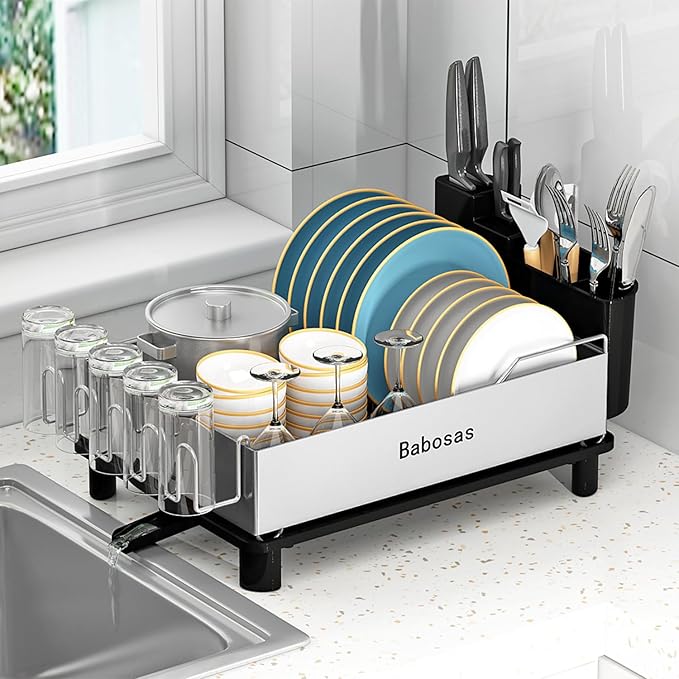 Dish Drying Rack,Large Capcity 304 Stainless Steel Dish Rack for Kitchen Counter,Dish Drainer with Drainboard Set and Utensil Holder & Detachable Cup Shelf,Rustproof Multifunctional Organizer Black