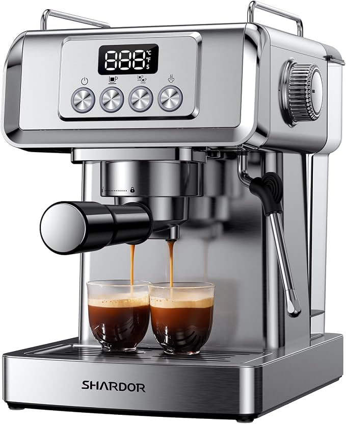 SHARDOR 20 Bar Espresso Machine for Home, Espresso Coffee Maker with Temp Display, Expresso Machine with Steam Milk Frother for Latte & Cappuccino, 60oz Water Reservoir, Stainless Steel, 1350W
