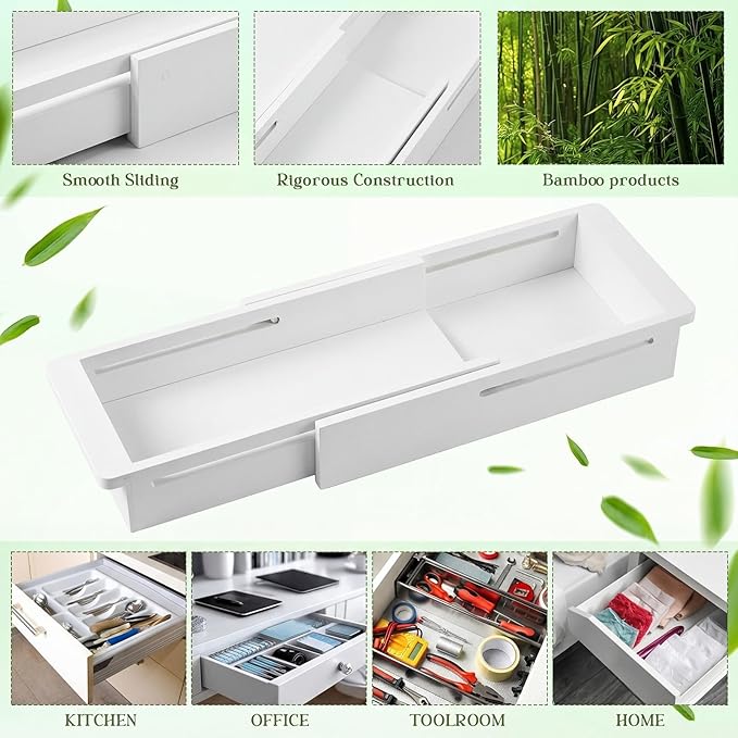 LemonRoad 2 Pcs Sliding Drawer Organizer Bin Bamboo Drawer Expandable Bins Utensil Organizer for Kitchen Spoons Forks Knives (White)