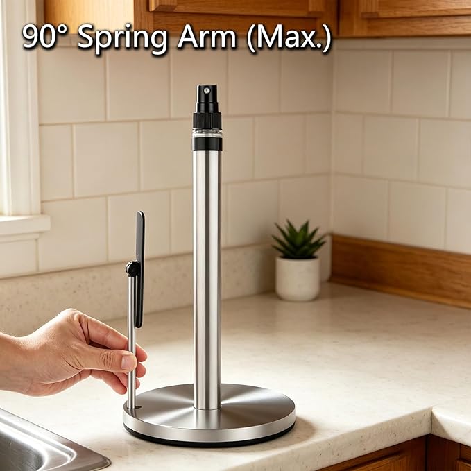 DAWNER Standing Paper Towel Holder with Spray Bottle, Weighted Base with Suction Cups, Paper Towel Stand with Spring-Loaded Arm for Kitchen, Countertop, Stainless Steel Brushed Nickel Finish