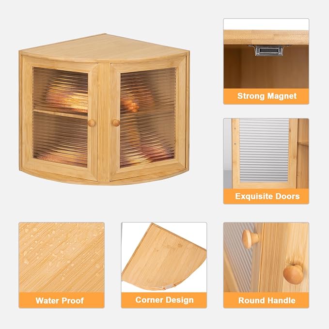 HOMEKOKO Double Layers Bamboo Corner Bread Box for Kitchen Counter, Vintage Wooden Large Capacity Bamboo Bread Food Storage Bin (Natural Bamboo)
