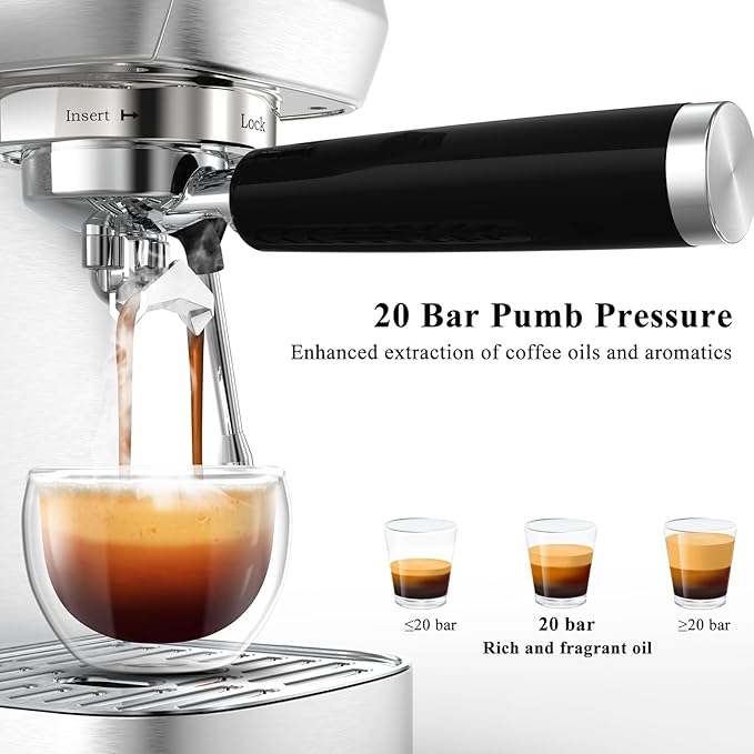 MAttinata Espresso Machine 20 Bar, Compact Espresso Maker with Milk Frother | Stainless Steel Coffee Maker, Italian Pump, Steam for Cappuccino Latte, Removable Water Tank, Small for Home, Silver