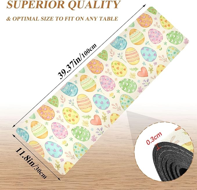 2 in 1 Table Runner Trivet for Hot Pots and Pans Heat Resistant Non Slip Waterproof 39 x 12 Inch Decorative Table Protector for Kitchen Countertop Light Yellow Decorative Easter Eggs Flowers