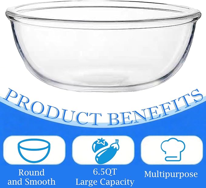 6.5 Qt Extra Large Glass Mixing Bowls, Clear Glass Bowl, Big Salad Bowl for Salad Fruit Bread Storage (6.5qt)