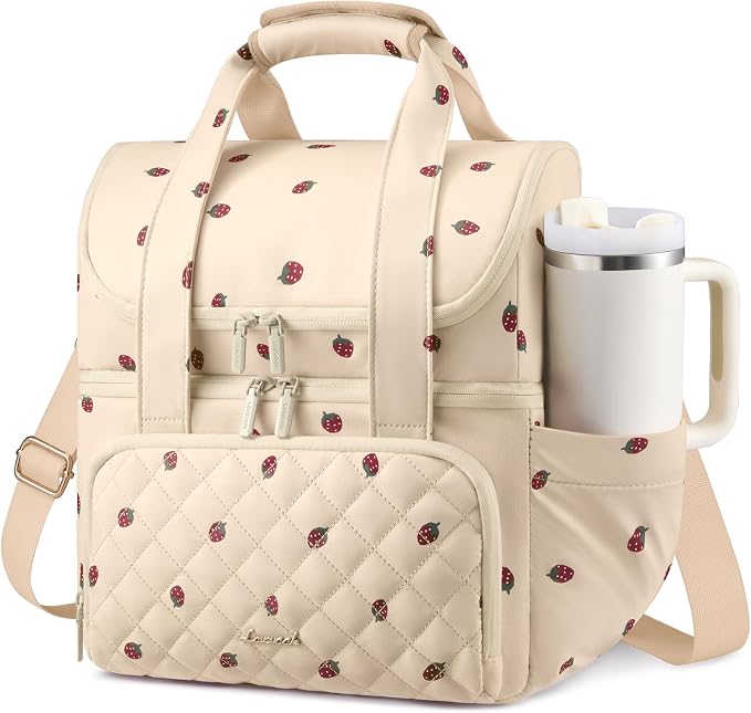 LOVEVOOK Insulated Lunch Bag for Women,Large Double Deck Adult Lunch Box,Teacher Lunch Tote Bag with Cup Holder,Leakproof Cooler Bag with Adjustable Shoulder Strap for Work Picnic Beach,Larger 15L