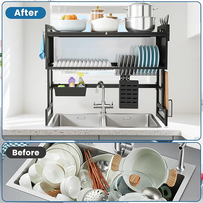 Over the Sink Dish Drying Rack 3 Tier with Cover.Space-Saving Dish Drainer Organizer for Dishes, Glasses, Bowls & Cutlery.Tidy Kitchen Counter Storage Solution