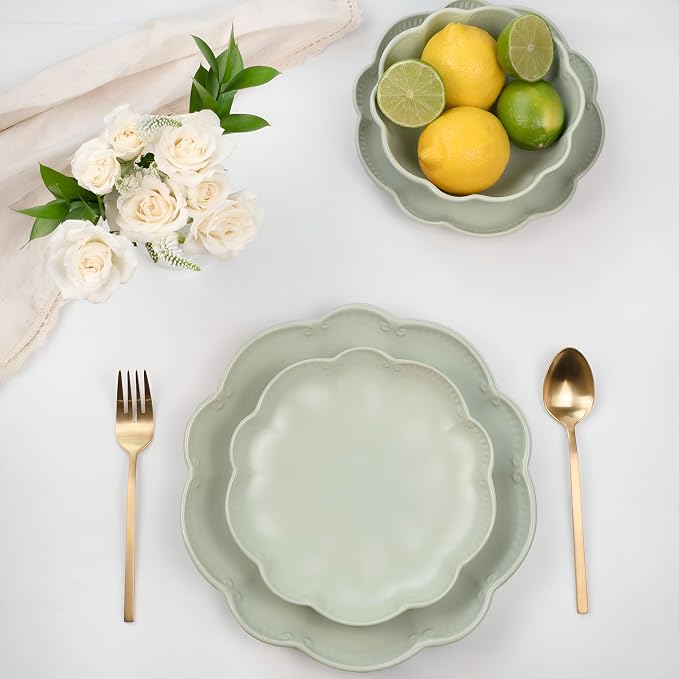 Sango 12 Pieces Scalloped Dinnerware Set, Sage Green Dishes for 4, Premium Serving Plates & Bowls Sets, Chip Resistant, Ceramic Dishware, Kitchen Dish, Microwave & Dishwasher Safe, Bethany