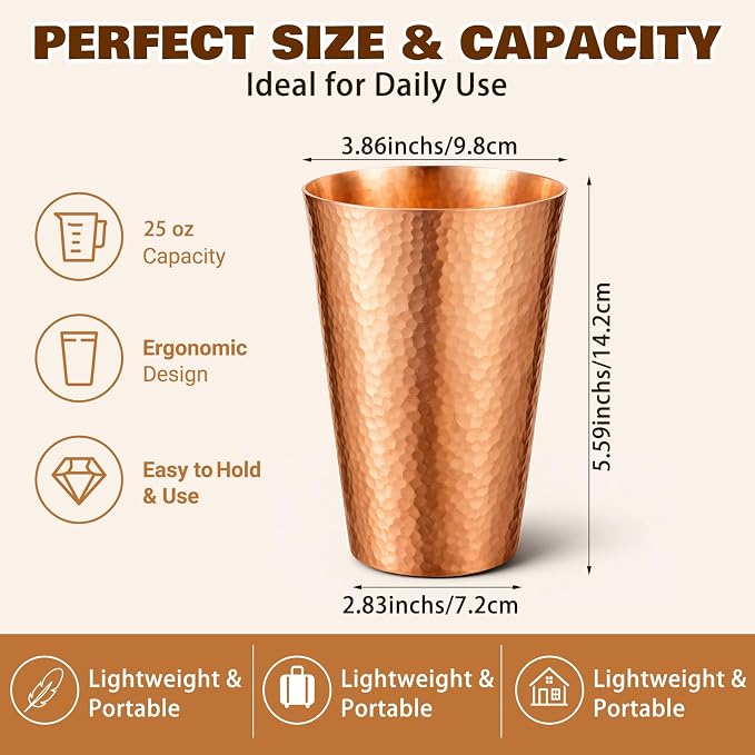 Willinglong 1 Pcs 100% Pure Copper Cup Tumblers 25 oz Handcrafted Hammered Copper Cups, Ayurvedic Health Benefits Drinking Vessel for Family Health Water, Cocktails, Iced Tea Glasses(Threaded)