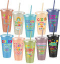 Uiifan 10 Pcs Morandi Christian Cups for Kids, Vacation Bible School Gifts 24oz Pastel Reusable Plastic Tumblers with Lids Straws, Bible Verse Party Cups for Sunday School, Classroom and Holiday Gifts