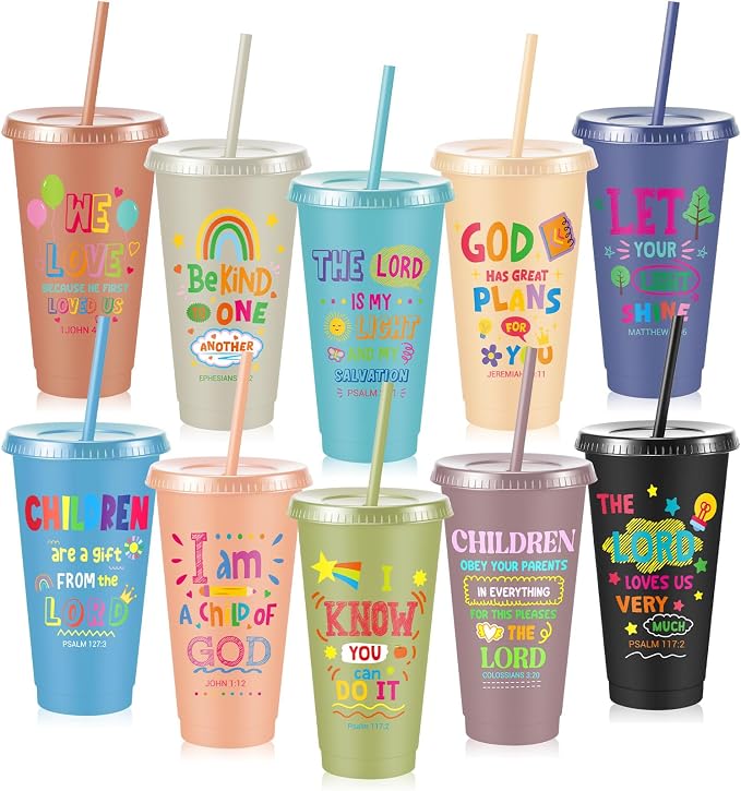 Uiifan 10 Pcs Morandi Christian Cups for Kids, Vacation Bible School Gifts 24oz Pastel Reusable Plastic Tumblers with Lids Straws, Bible Verse Party Cups for Sunday School, Classroom and Holiday Gifts