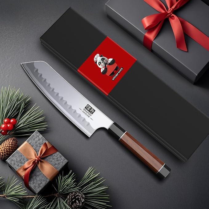SHAN ZU 7 Inch Japanese Chef Knife, 9 Layers 10Cr15MoV High Carbon Steel Professional Kitchen Knife, Sharp Cooking Knife with Ergonomic Red Sandalwood Handle, Meat Cutting Sashimi Santoku Knife