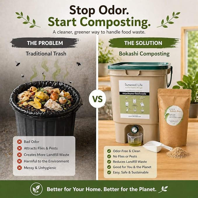 Indoor Bokashi Composter Starter Kit- Beige, 2.2 lb Premium Bokashi Bran Included, Easliy Turn Your Kitchen Wastes into Nutrition for Your Garden Soil
