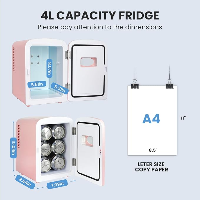 Simple Deluxe 4L/6 Can Mini Fridge with Observation Window, Portable Cooler & Warmer Freon-Free Small Refrigerator, Compact for Skincare, Beverage, Food, Cosmetics, Pink