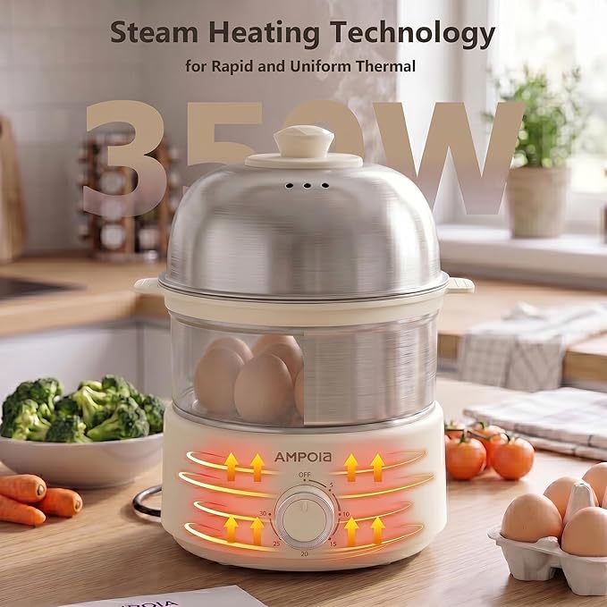 14 Eggs Electric Egg Cooker, 350W Rapid Egg Boiler with 30-Min Timer & Auto Shut-Off, Beige & White