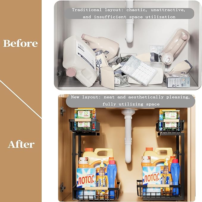 Under Sink Organizer,2 Pack Kitchen Organizers and Storage Adjustable Height 2 Tier Sliding L-Shape Cabinet Organizers Meatal,Under Bathroom Sink Organizer with Anti Slip Wooden Handle