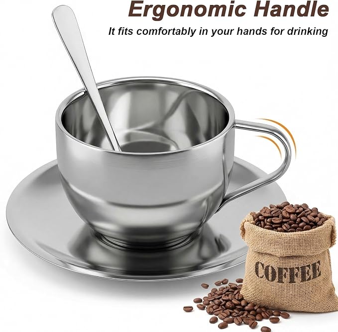 4 Pack Stainless Steel Coffee Cup Set, 6 Oz Coffee Mugs with Spoon and Saucer Insulated Espresso Cup Double Walled Silver Tea Set for Latte Milk, Cappuccino