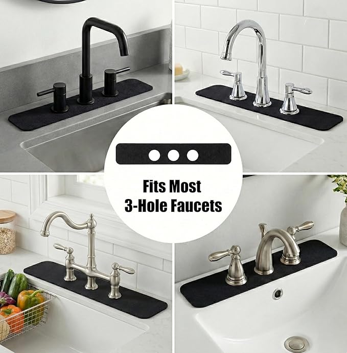 Faucet Mat for Bathroom Sink 3 Holes: 24’’Lx4.5’’W Splash Guard Fits 8 Inch Widespread Farmhouse Vintage Bridge Kitchen Vanity Faucet - Customizable Counter Protector Drip Catcher for Irregular Sink