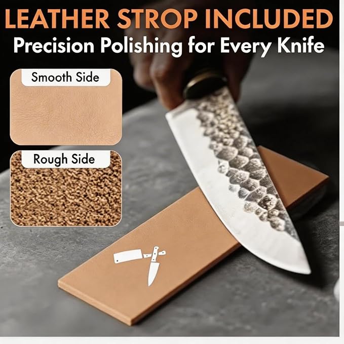 Knife Sharpener Tool - Rolling Knife Sharpener - 400/1000/3000 Grit Diamond & Ceramic Discs, 15° & 20° Angles, Leather Strop & Anticut Gloves | Knife Sharpener for Chef, Santoku, & Utility Knives