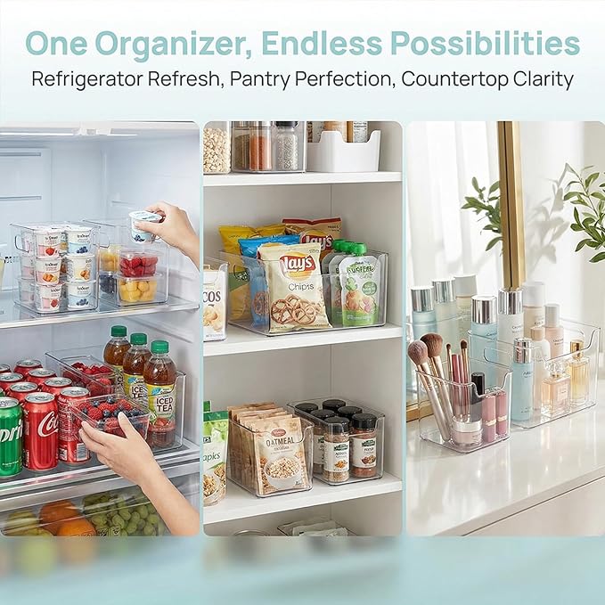 Crystal Clear Freezer Storage Bins, BPA-Free Clear Fridge Organizer Bins with Handles, Stackable Plastic Bins for Organization, Heavy-Duty Clear Storage Bins (Transparent, 4S)