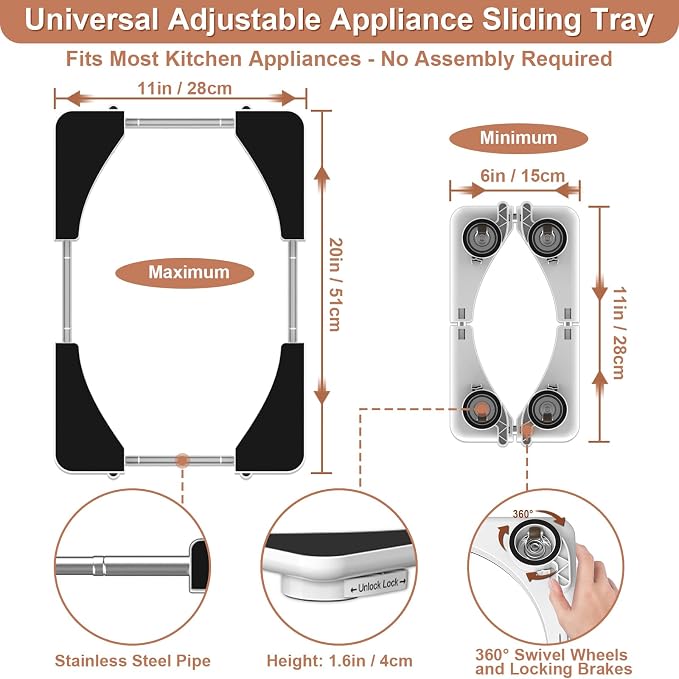 Adjustable Appliance Slider Tray - Expandable 6" x 11"- 11" x 20" Sliding Tray for Kitchen Appliances - 360° Countertop Rolling Tray with Locking Brakes for Coffee Makers Mixers