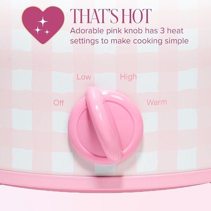 Paris Hilton 3.5-Quart Manual Slow Cooker, Features Three Settings (Low, High, Warm), Naturally Nonstick and Dishwasher Safe Stoneware Insert, Family Sized Capacity, Gingham Pink