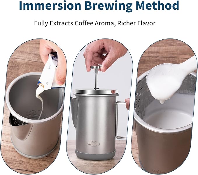 MERMOO YILAN Stainless Steel French Press with Folding Handle 32oz Black | for 4-6 Cups|Also a Milk Frother& Tea Maker|Non-slip Silicone Base|Compact Size for Camping, Travel, Backpacking,RV