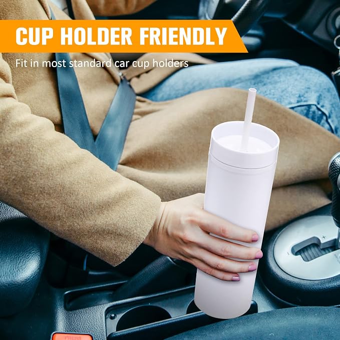 Mimorou 30 Pack Skinny Tumbler with Lids and Straws 16 oz Matte Acrylic Tumblers Straight Double Wall Plastic Reusable Cup Laser Engrave Customized DIY Gifts for Parties Birthday Home Office (White)