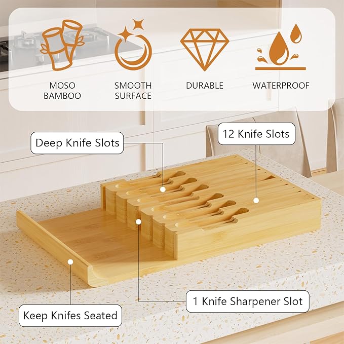 Domax Bamboo In-Drawer Knife Block - Kitchen Drawer Organizer Insert, Steak Knife Holder without Knives, Fits 12 Knives and 1 Sharpening Steel (Not Included), Natural