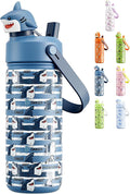 POWCAN 18 oz Insulated Water Bottle for School: 2-in-1 Straw Spout Lid with Soft Animal Head, Leakproof, BPA-Free, Keep Cold 24H, Easy Carry, Stainless Steel Cup for Kids, Boys, Girls (Baby Shark)