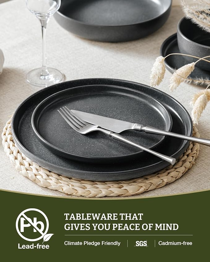 Famiware Milkyway Stoneware Dinnerware Sets with Pasta Bowls, Service for 4 (16 Pieces), Reactive Glaze Plates and Bowls Sets, Microwave and Dishwasher Safe Dishes Set, Matte Dark Charcoal