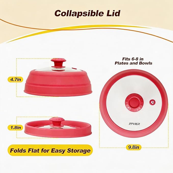 Microwave Splatter Cover - 9.8" Glass Lid with Collapsible Silicone Rim, Universal Pot & Plate Cover for Mess-Free Heating (Red, 9.8inch)