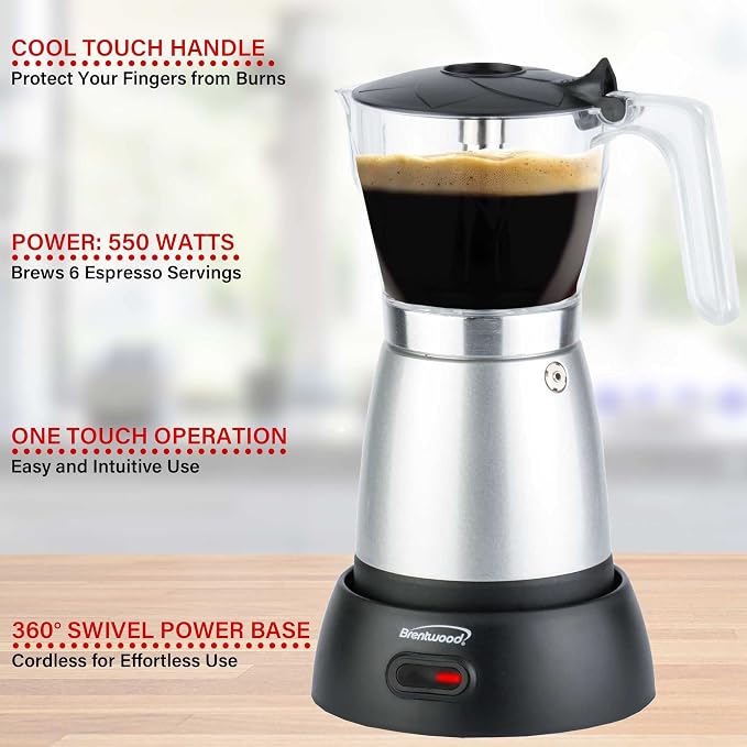 Brentwood TS-119S 550-Watt Cordless Electric Moka Pot Espresso Machine, 6-Servings (Silver)