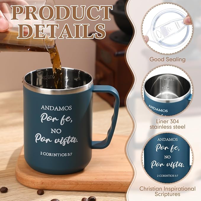 Sieral 12 Pcs Christian Gifts Coffee Mugs with Straw Lid 17 oz Religious Cups with Bible Stainless Steel Tumbler Inspirational Gifts for Women Men Pastor's Church Group(Multiple Colors,Spanish)