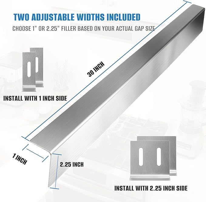 30" Slide-In Range Rear Filler Kit, Stainless Steel Stove Gap Filler Behind Range, Adjustable 1" or 2.25" Backguard Trim Kit, Easy Install Backsplash Gap Cover Compatible with 30" Ranges,Silver