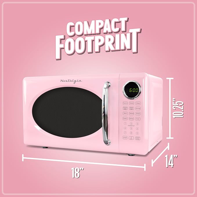 Nostalgia Retro Microwave Oven - 0.7 Cu Ft, 700-Watt Countertop Size with Glass Turntable, Child Safety Lock, 8 Auto-Cook Programs, Digital Clock - Pink