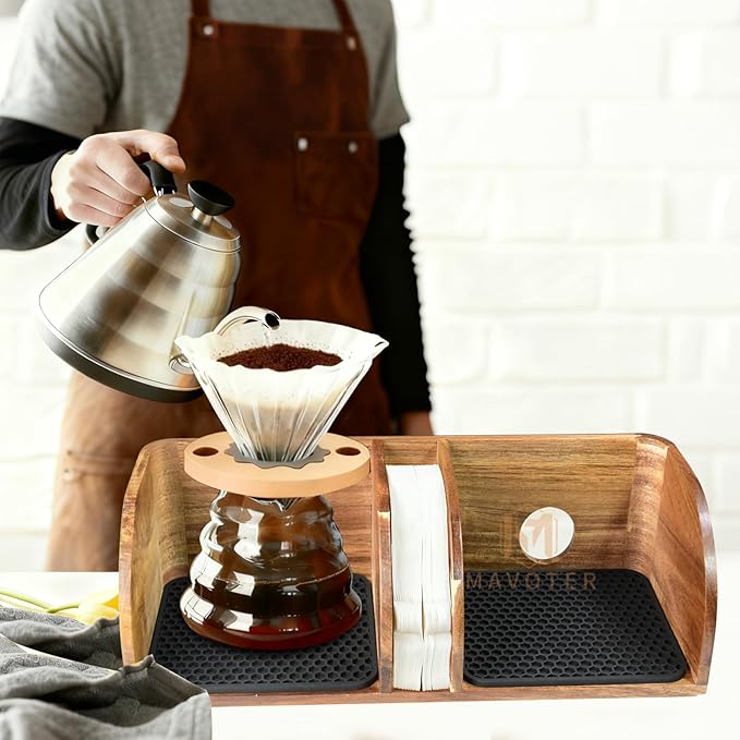 MAVOTER Acacia Coffee Bar Station Organizer Stand for Pour Over Maker, Coffee Filter Holder for Countertop ,Wooden Caddy Storage Organizers with Heatproof Mat(17.8*7*5.1 inch)
