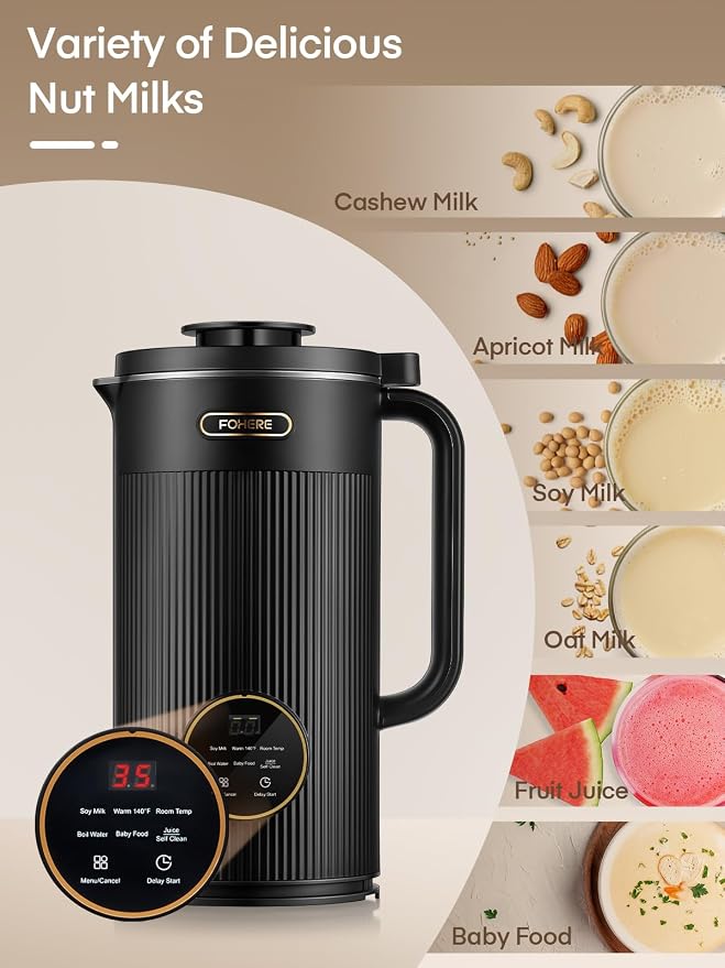 FOHERE 35oz Nut Milk Maker Machine - Automatic Plant-Based Milk Maker for Homemade Almond, Oat, Soy & Vegan Milk | 8-in-1 Dairy-Free Beverage Maker with 12H Smart Timer & Self-Cleaning
