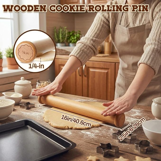 Chengu Wooden Cookie Rolling Pin 1/4-in. Fixed Depth Rolling Pins for Baking Hardwood Dough Roller Cake Supplies for Mothers Day Cookie Cutters Pie Chapati Fondant Gifts Holiday Party Wedding