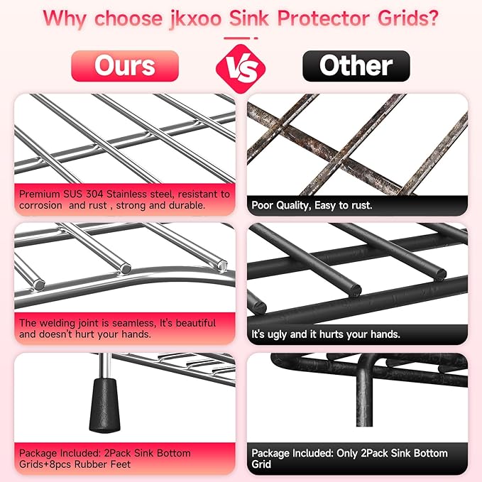 14.5" x 23.2" Stainless Steel Sink Protectors for Kitchen Sink for Kohler Whitehaven K-6486 &K-6487, Includes Left and Right Racks, Sink Grid for Bottom of Kitchen Sink with Rubber Feet