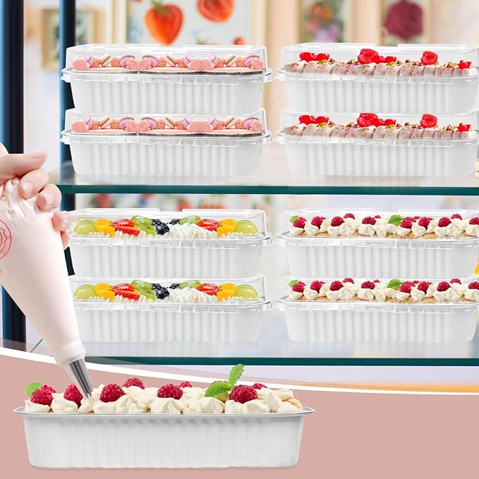 100Pack Mini Loaf Pans with Lids and Spoons and Stickers Individual Mini Cake Pans Disposable Portable Stackable, 6.8Oz Aluminum Pans Tins, Dessert Cups Containers for Sales,Party White